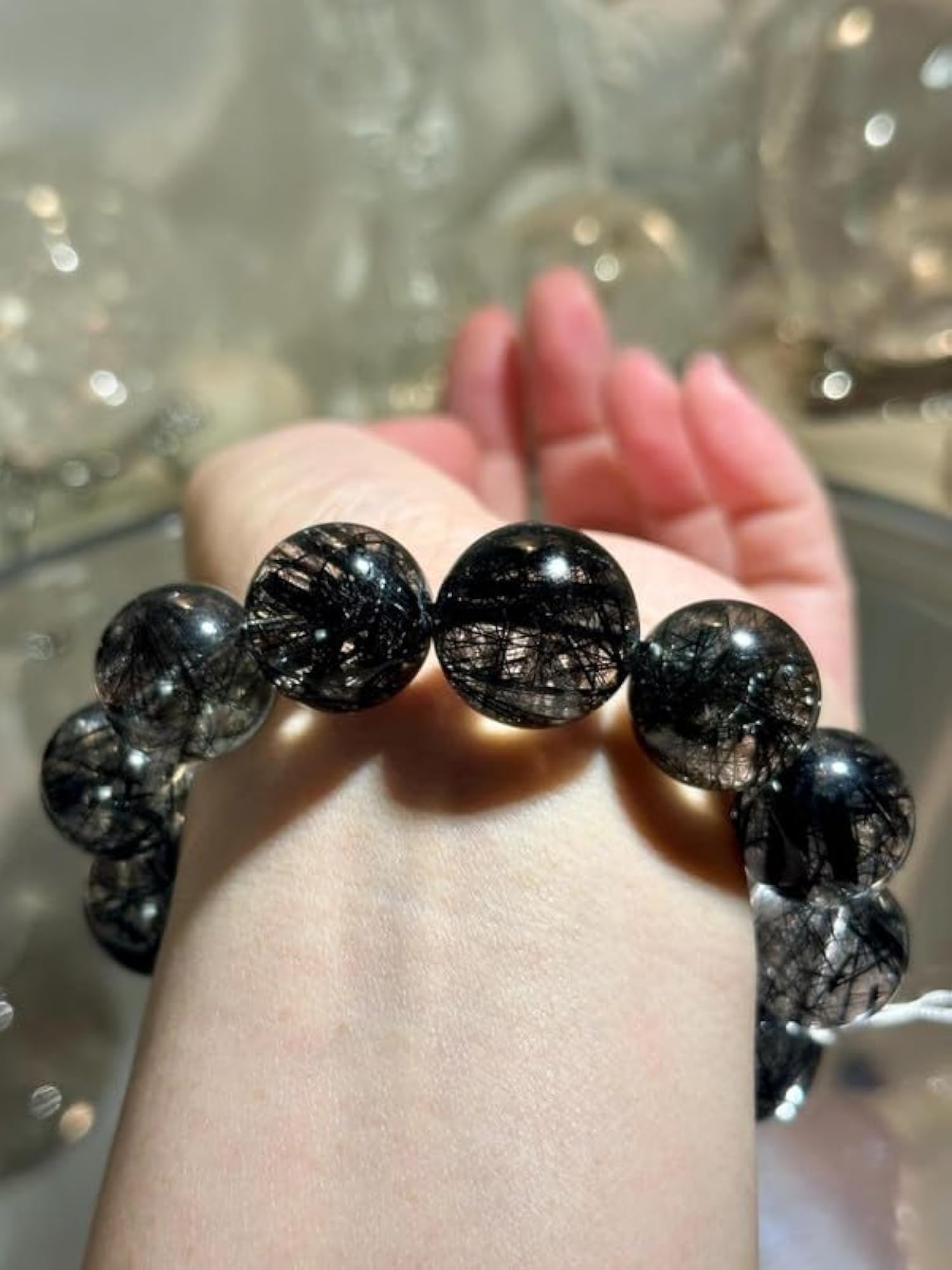 Natural Black Rutilated Quartz Gemstone 19.5mm Energy Stretch Bracelet