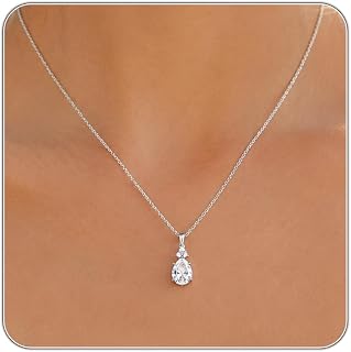 Gold Silver Necklace for Women, Dainty Cubic Zirconia Pendant Jewelry Gift | 14K Gold Silver Plated, CZ Teardrop Bow Oval Charm, Simple Trendy Wedding Birthday Everyday Gift