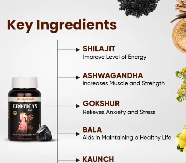 Image of SUNOVA EROTICAN Caspules - Shudh Shilajit, Aswagandha, Gokshura,Bala and Kaunch for Strength, Performance & Muscle building - 600 MG - Pack of 1