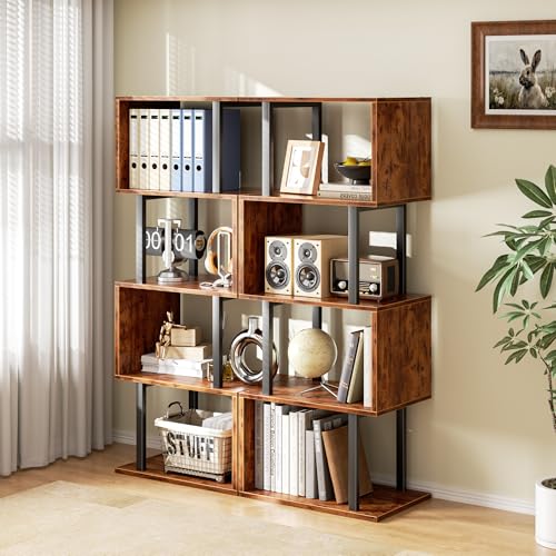 Image of Furologee 5 Tier Bookshelf, S Shaped Geometric Bookcase, Narrow Freestanding Display Shelves, Modern Wood Decorative Storage Rack for Bedroom, Living Room, Home Office, Rustic Brown