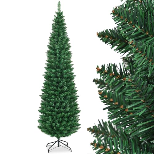 GYMAX Sapin de Noël 180cm Slim Artificiel, 400 Branches en PVC, Support Métallique Pliable, Sapin Mince Gain de Place pour Maison, Magasin, Bureau