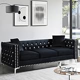 Fulocseny Velvet Sofa for Living Room,82.3' Jeweled Buttons Tufted Square Arm Couch,Modern Couch Upholstered Button and Metal Legs, with 2 Pillows for Bedroom (Black+Velvet, 82.3 L*32.3 W*29.1 H)
