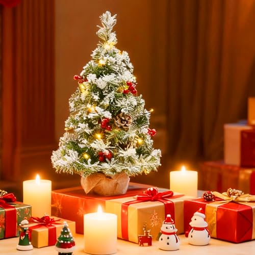 Albero di Natale Piccolo con Luci, 55 cm Albero di Natale Artificiale Decorato con Luci LED e Decorazioni - Albero di Natale da Tavolo per Casa e Ufficio