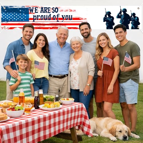 Image of BlissYard Patriotic Banner We Are So Proud of You Banner for Outside American Flag Military Banner 118 x 20 Inch 4th of July Welcome Home Veterans Decorations for Yard Fence Porch