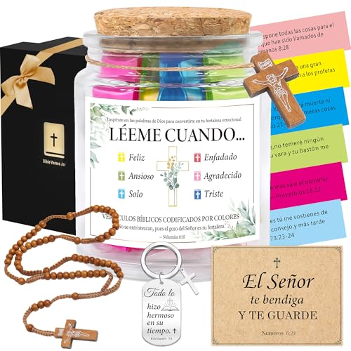 Bozidol Spanish Bible Verse Jar, Leeme Cuando te Sientas Versículos en Español, Tarro de Versículos Bíblicos en Español, Christian Gifts with Rosary Necklace, Keychain, Ribbon and Greeting Card