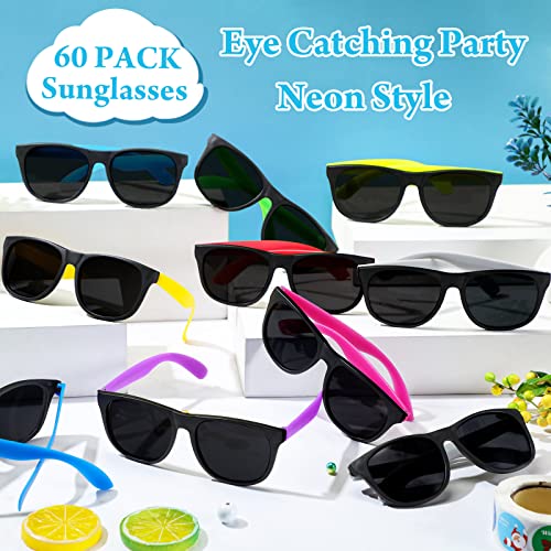 60 Pack Neon Sunglasses - 10 Colors, 80's Style Novelty Sunglasses for Classroom Prize, Goody Bag Filler, Birthday Party, Kids to Adults4