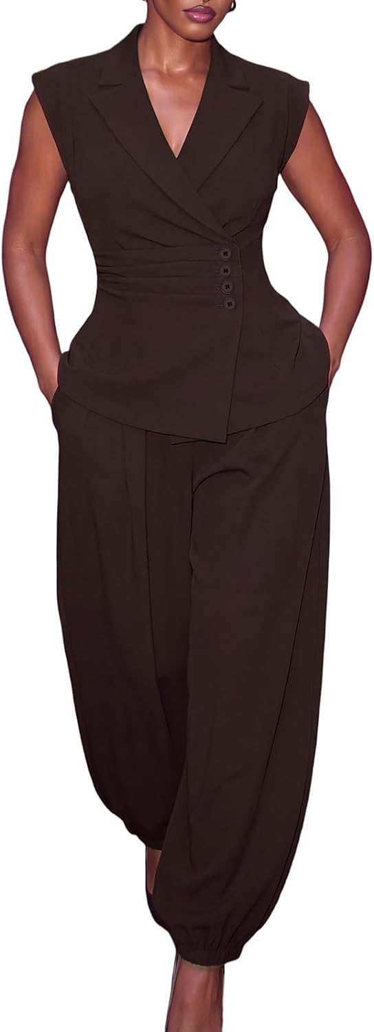 Women's 2 Piece Blazer Set,Sleeveless Vest,and Palazzo Pants with Pocket