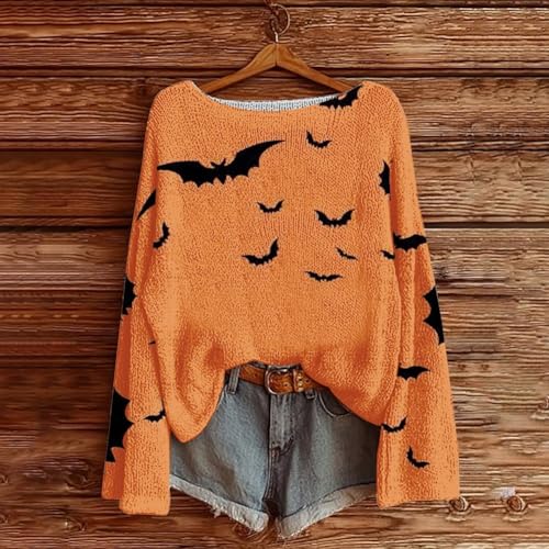 Women's Halloween Pumpkin Print Long Sleeve Knit Top, Fall Halloween Vintage Crew Neck Sweater3