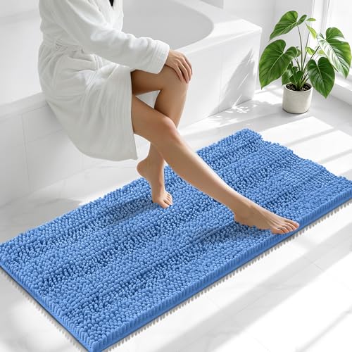 Image of Smiry Thick Chenille Bathroom Runner Rugs 47x20, Extra Absorbent Striped Bath Mat, Machine Washable, Rubber Backing, Long Bath Rugs for Tub & Shower, Modern Home Decor Accessories, Cornflower Blue