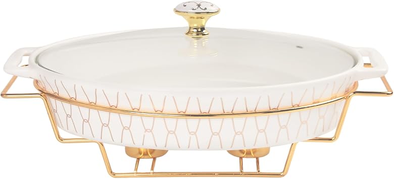 10" x 7" Ceramic Oval Casserole Dish with Glass Lid and Gold rack, 30 ounce Serving Soup Tureen,Chafing Dish for Buffet, Family Food preserve Tray, Catering Casserole for Party Style