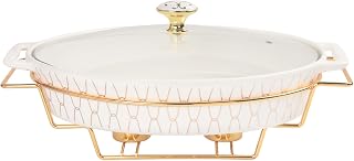 10" x 7" Ceramic Oval Casserole Dish with Glass Lid and Gold rack, 30 ounce Serving Soup Tureen,Chafing Dish for Buffet, Family Food preserve Tray, Catering Casserole for Party Style