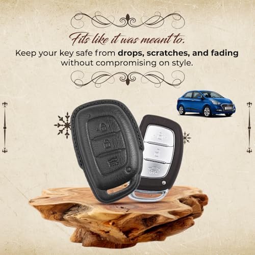 Image of keyzone dual leather key cover for Hyundai i20, Creta, Venue, Tucson, Alcazar, Verna, Xcent, Aura, Elantra 3 button smart key