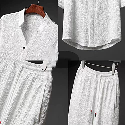 LULAND 2-teiliges Leinen-Set für Herren, Sommer-Strand-Urlaubsanzüge, lässiges Button-Down-Kurzarm-Hemd, Lange, lockere Hosen-Sets (White,5X-Large)