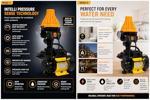 Image of V-Guard Automatic Pressure Booster Pump, with Intelli Pressure Sense Technology 0.5HP, 220V for upto 2-3 Bathrooms and Kitchen with, 1 YEAR ON-SITE WARRANTY