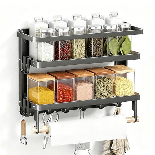 冷蔵庫サイドラック 調味料収納ラック マグネット収納 側掛け マグネット式キッチンラック 磁石 台所用品 冷蔵庫上収納 キッチン/お風呂用 省スペース 折り畳み式 簡単取り付け 防水防錆 炭素鋼材 31*11*26cm ブラック 2段式 フック4個付き