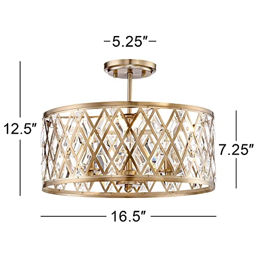Possini Euro Design Tanz Modern Ceiling Light Semi Flush-Mount Fixture 16 1/2\" Wide Satin Brass 3-Light Clear Glass Crystal Drum Frame for Bedroom Kitchen Living Room Hallway Dining Bathroom House