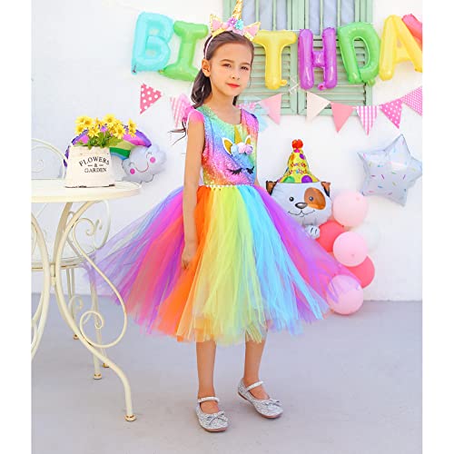Girl Halloween Costume Unicorn Dresses Rainbow Sequin Princess Party Tutu Dress, Size 7 #TOP3