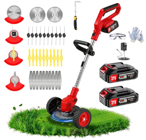 Cordless Weed Wacker Electric Eater 21V, 4 in 1 Lightweight Grass Trimmer/Brush Cutter/Lawn Edger with 2 Batteries& Charger& 4 Types Blades& Wheels, Adjustable No-String Trimmer for Small Yard Garden by ElectroTurf - Used condition - US$61.43