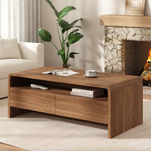 Image of AMERLIFE 39.4 inch Wood Coffee Table with Storage & Rounded Edges