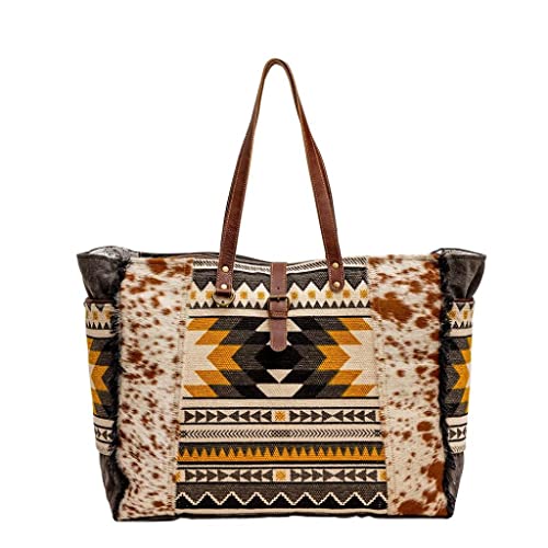 Image of Myra Bag Western Leather Weekender Bag for Women - Cotton & Upcycled Canvas Boho Shoulder Bag Trilang