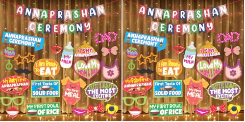Image of Wobbox Shubh Annaprashan Decoration Items Set which Includes Baby annaprashan Ceremony Props, Subh Annaprashan Banner, Rice Light Decoration, Rice Ceremony Decorations Items(27 Pcs Set)(FP5697)