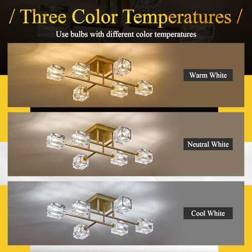 Image of 24 inch Gold 6-Light Luxury Semi Flush Mount Ceiling Light Modern K9 Crystal Kitchen Island Sputnik Chandelier for Dining Room Entryway Bedroom Living Room