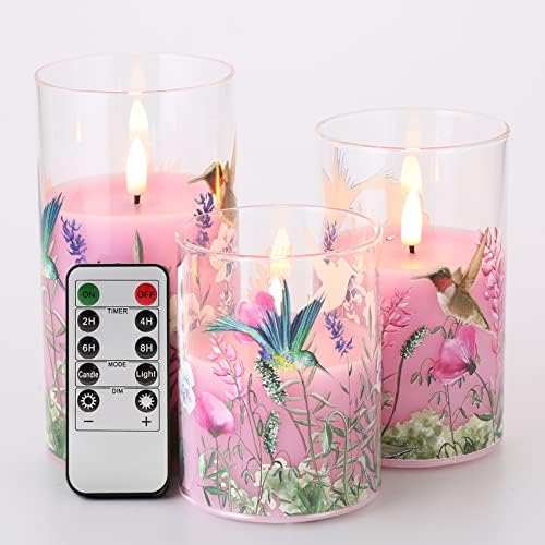 Girimax Pink Hummingbird Glass LED Candles with Remote, Flickering Flameless Candles Battery Operated Φ 3" H 4" 5" 6"