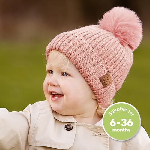 2-Pack Baby Hats for Girls, Boys - Stretchy Baby Beanies, Cute Newborn & Toddler Winter Hat, Soft & Warm Pom Pom Beanie for Infant, Toddler, Boys, Girls 6-36 Months (Fawn, M)2