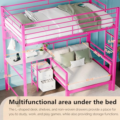 Image of VINGLI Twin Over Twin Bunk Bed with Desk, 15'' Extra High Guardrail Loft Bed with LED Lights,2 Charging Station,and 2 Storage Drawers,2 Deckers Bed,Metal Space Saving Platform Bed with Vanity,Pink