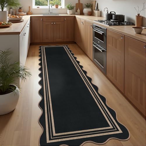 LORWER Scalloped Easy Jute Kitchen Runner Rug, 2.6x10 Non
