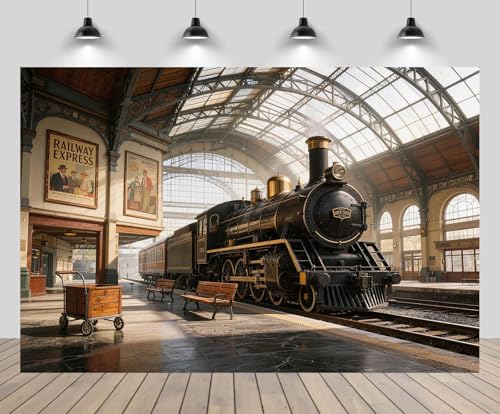 Image of CHNBGPRO 1.5x1m Steam Locomotive Train Station Photography Backdrop Old Platform Wooden Bench Background Retro Train Theme Birthday Party Decoration Banner Portrait Photo Studio Props