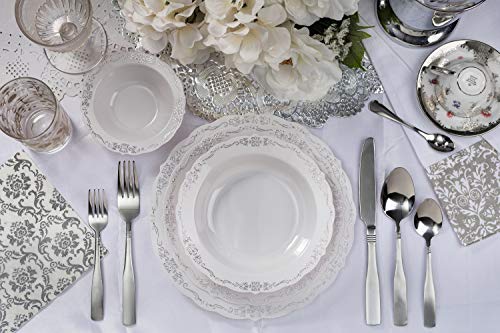 Exquisite 60 Pcs Disposable Plastic Plates | Victorian Design Premium Disposable Plates | 10 Inch. Light Grey & Silver China Like Plastic Plates For Parties & Weddings #TOP4