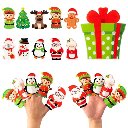 WATINC Christmas Felt Finger Puppets for Kids - 10 Xmas Characters Storytelling Role Play Kit with Storage Bag, Educational Toys for Classroom, Church...