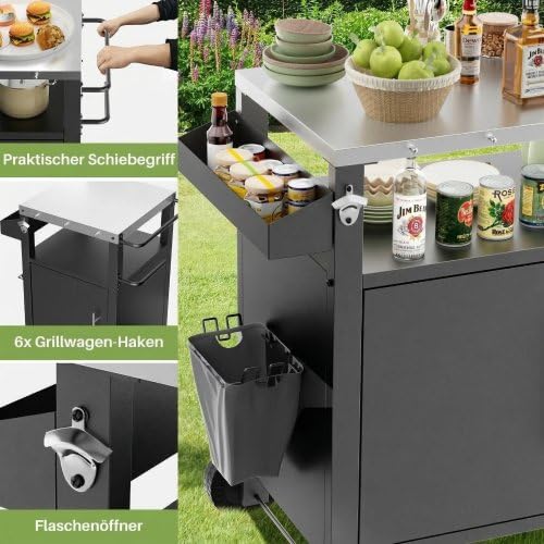 Wetterfester Edelstahl Grillwagen Outdoor Küche, großer Grilltisch 3-Etagen Küchentrolley mit wetterfestem Schrank, große Räder & 2 Lenkrollen, multifunktionaler Outdoor Küchen Servierwagen (46*46*88)