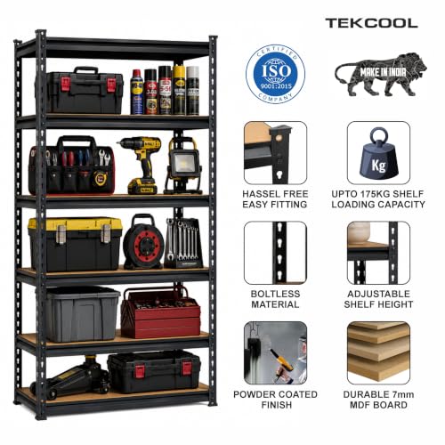Image of TEKCOOL 6-Shelf Adjustable Boltless Metal Shelving Unit /60 x 24 x 12 Inch Metal Storage Rack with Wooden Planks /Standing Shelf Unit for Home /Garage /Office & Shop /Utility Display Rack (Black);