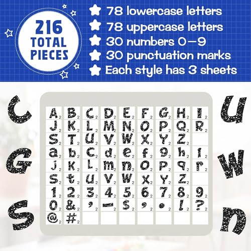Image of Colarr 216 Pcs 7 Inch Glitter Bulletin Board Letters Large for Classroom Alphabet Punctuation Symbol Cutout Die-Cut Poster Letter with Adhesive Dot School Party Holiday Decor Display(Black)