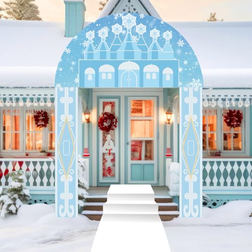 Image of Tingjoo 4 Pcs Winter Wonderland Door Cover Winter Castle Hanging Banner White Snowflake Runner Entryway Party Decorations Blue Wonderland Porch Sign Photo Backdrop for Holiday Classroom Party Supplies
