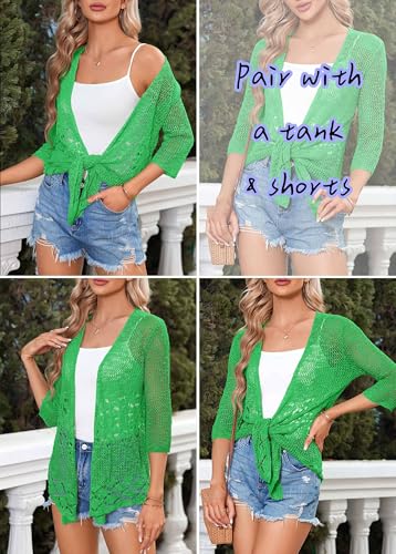Image of Nulibenna Womens Sheer Shrug Sweaters 3 /4 Sleeve Open Front Tie Cardigan Bolero Jacket Lightweight Crochet Knit Cover Up Tops