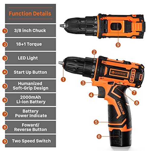 Drill Set, V VONTOX 12V Cordless Drill Driver with 2 Batteries 2000mAh, Home Power Drill 220 In-lb Torque, 3/8" Keyless Chuck, 2 Speed, 18+1 Torque Setting, LED Light, 24pcs Drill/Driver Bits - Thumbnail 2
