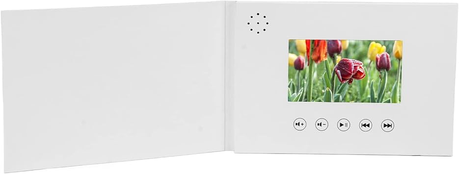كتيب فيديو بدقة 720 بكسل، بطاقة تهنئة إلكترونية مقاس A5 مع شاشة LCD، إعلانات تجارية لزينة الزفاف، فيديو عرض الشركة MP4 AVL، BMP PNG، ذاكرة مدمجة 128 ميجابايت،