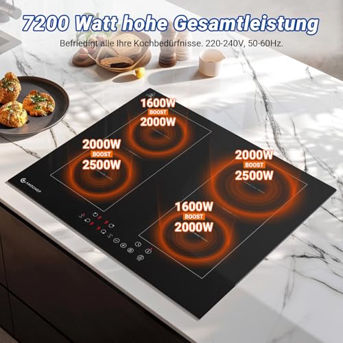 AMZCHEF Induktionskochfeld 60cm mit Zwei Flexzonen, 4 Zonen Induktionskochplatte mit Boost-Funktion und 9 Leistungsstufen, Touch-Bedienung, Timer, Sicherheitsschloss, Überhitzungsschutz, BBQ, 7200W