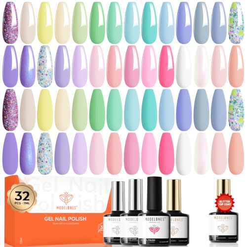 Image of modelones Gel Nail Polish Set Glitter Pastel Spring 32PCS 28Colors