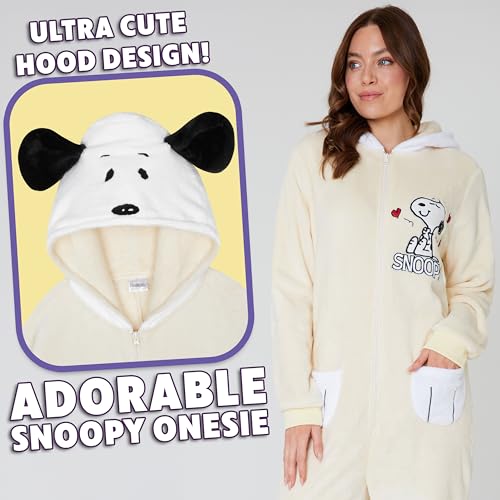 Peanuts Snoopy Jumpsuit Damen Schlafanzug, Kuscheliger Onesie, Winter Kapuzenanzug, Geschenke für Erwachsene & Teens (L, Beige)