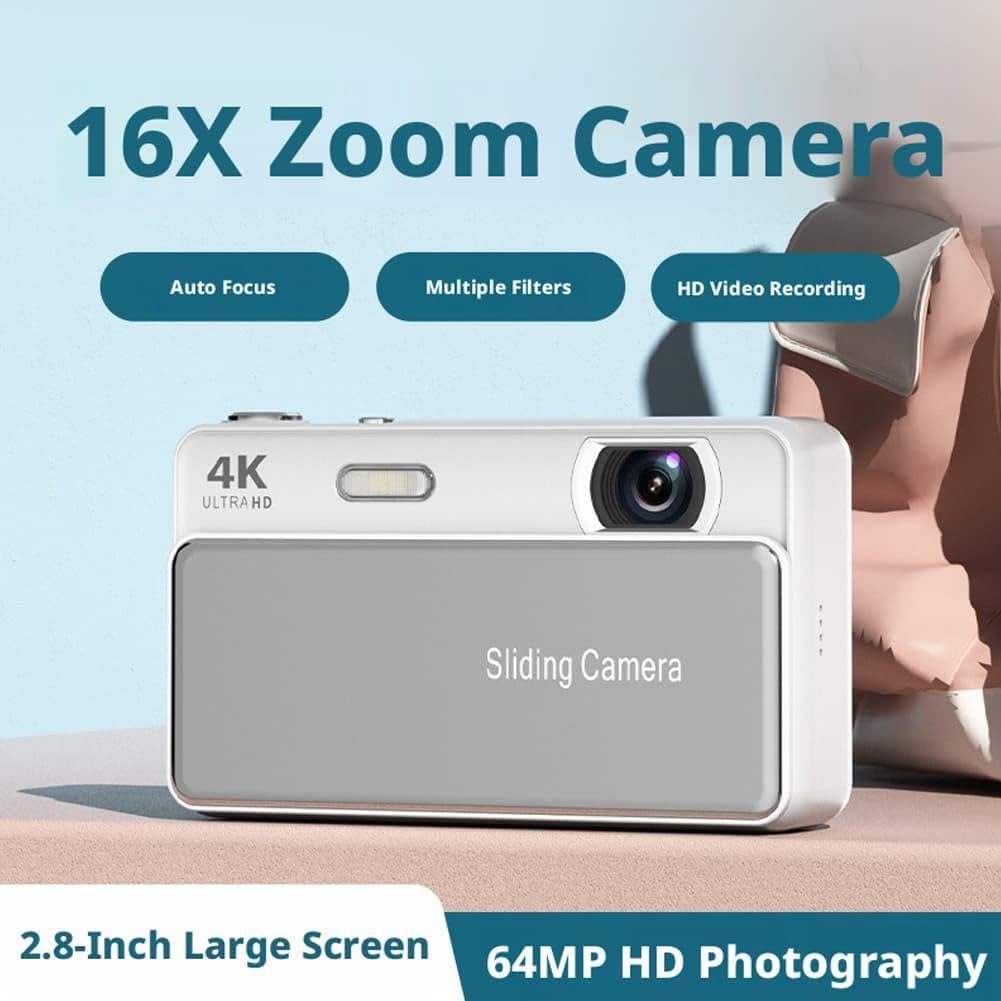 Fotocamera digitale retrò scorrevole 4K 64MP, fotocamera compatta per vlogging con schermo da 2,8", zoom 16X autofocus CCD per adolescenti adulti principianti, 2026 nuovo regalo fotografico portatile