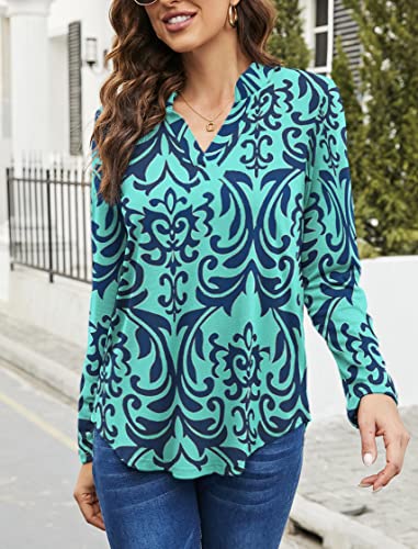 Halife Women's Floral Print Long Sleeve Tops V-Neck Loose Shirts Tunic Blouses Green L #TOP1