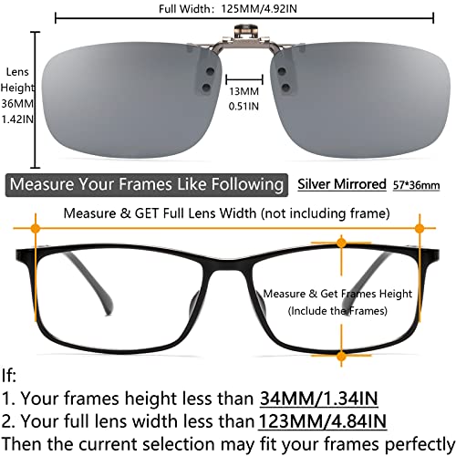 Image of CAXMAN Polarized Clip On Sunglasses Over Prescription Glasses or Reading Glasses for Men Women Flip Up Rimless Rectangle Lens Cover Eyeglasses, Silver Mirrored Lens, 57 * 36mm