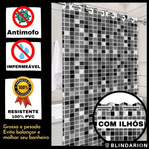 Cortina de Box Banheiro com Ilhós Pastilha Preta Antimofo Impermeável