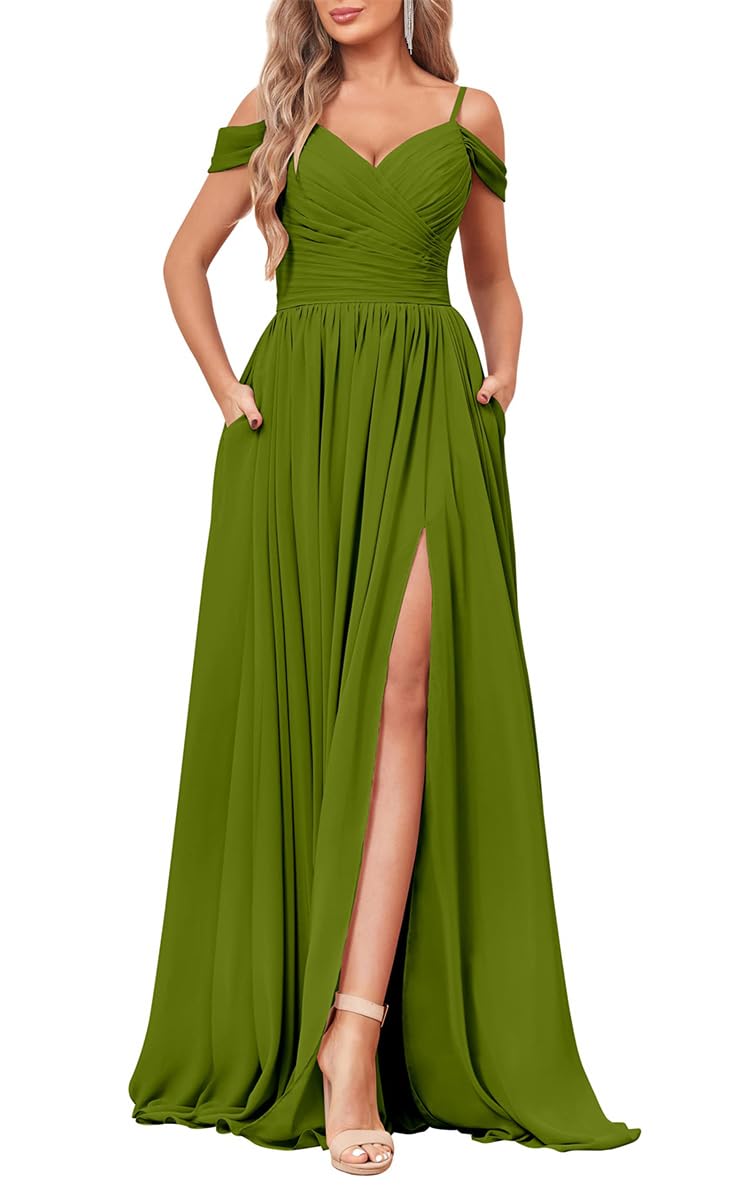 YIANN Women's Cold Shoulder Dress Modest Bridesmaid Dress with Pockets Wrap Slit Long Formal Dress Olive Green UK22