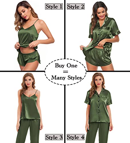 Image of SWOMOG Womens Silk Satin Pajamas Sets 4pcs Sleepwear Sexy Cami Shorts Set and Button Down Short Sleeve Pjs Loungewear Olive Green Large