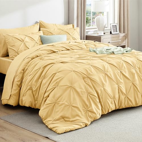 Image of Bedsure Queen Comforter Set Yellow - Bed in a Bag Queen 7 Pieces, Pintuck Bedding Sets Gift for Christmas, Pinch Pleat Bed Set with Queen Size Comforter, Sheets, Pillowcases & Shams